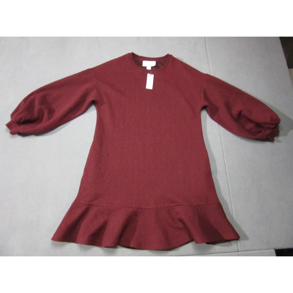 Anthropologie Dress Womens XS Red Textured Rose Mare Mini Ruffle Puff Sleeve